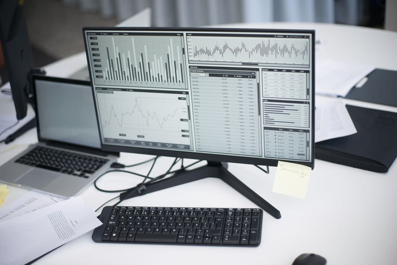 Business analytics and performance charts in a client presentation