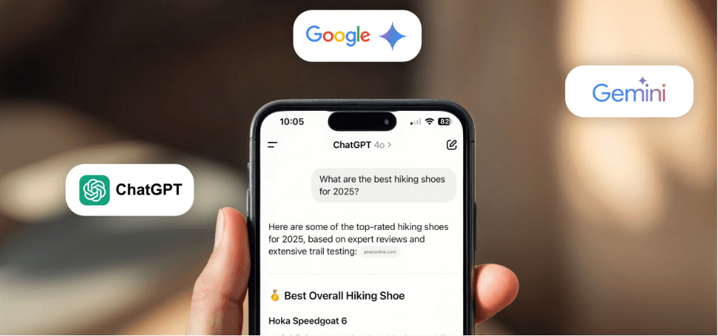 Hand holding a smartphone showing an AI chatbot conversation, with ChatGPT, Google and Gemini logos