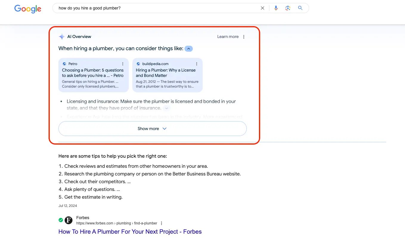 AI search results recommending local businesses