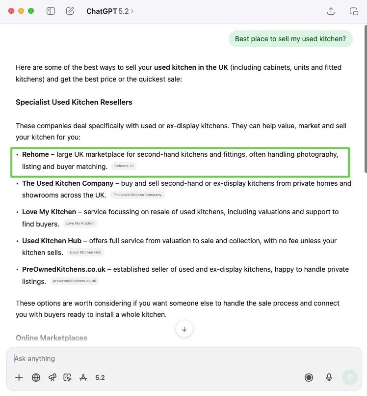 AI search results recommending marketplaces